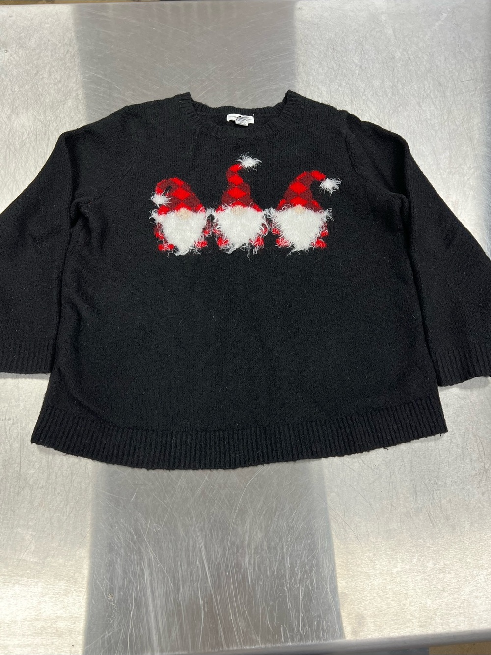 cupcakes & cashmere Black Crewneck Sweater Red Buffalo Check Gnomes Women’s 1X